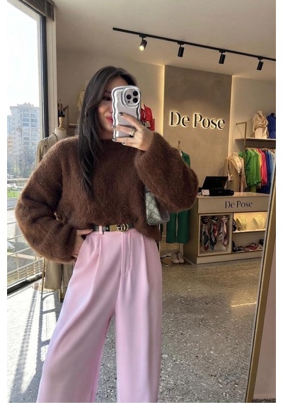De Pose Kadın Triko Peluş Kazak Kahverengi