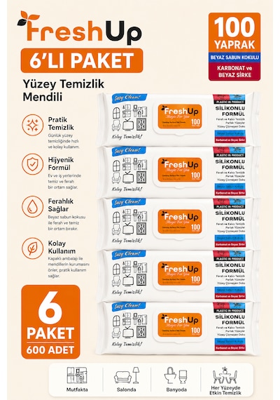 Freshup Yüzey Temizlik Mendili 6 Adet 100'lü 600 Yaprak Beyaz