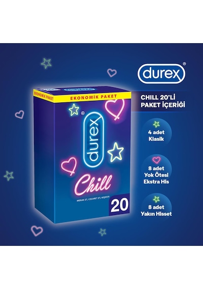 Durex Extreme Geciktricili + Uyarıcı Jel + Chill Karma Paket Prezervatif 20'li