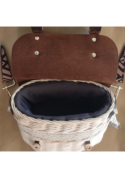 Handanrattan Dantel Detaylı Özel Tasarım Rattan Omuz Çantası - Kahverengi Deri Kapaklı Vintage Model Kahve