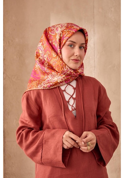 Twill İpek Eşarp 11473-23 Tarçın, Magenta, Bej, Parlak Turuncu