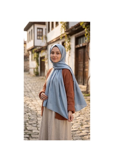 Nukra Jakarlı Pamuk Tesettür Şal Osmanlı Desen Mavi 70 X 190 Cm