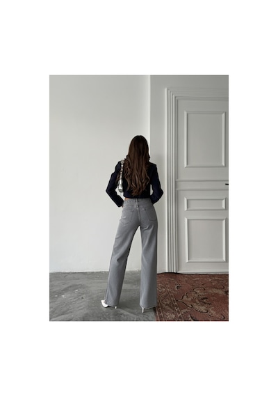 Blue Marlın Yan Fermuarlı Uzun Boyfriend Bol Paça Jeans Kar Siyah