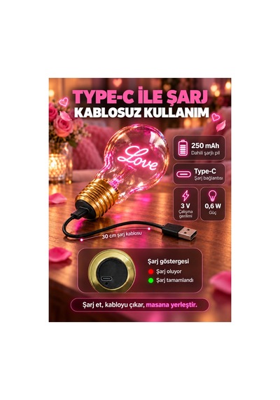 Love Neon Dekoratif Masa Lambası Ampul Şeklinde Yeni Nesil Aydınlatma Aşk Çok Renkli