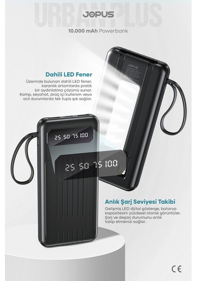 10000mah Powerbank Dahili Kablolu, Lcd Ekranlı, Led Lambalı, Taşınabilir Şarj Cihazı Siyah