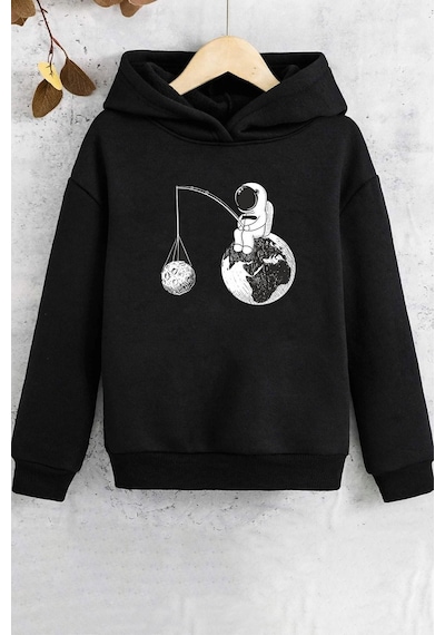 Uyguntarz Çocuk Uzay Temalı Baskılı Sweatshirt Siyah