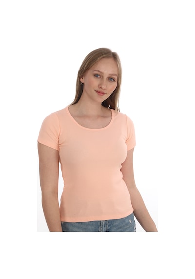 Monox Kadın Fitilli Likralı Pamuk Basic Tshirt Somon