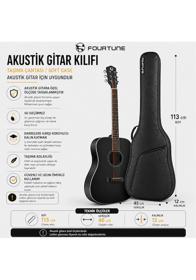 Fourtune Luca Siyah Akustik Gitar Kılıfı Kalın Taşıma Çantası Eğitim Metodu Hediye