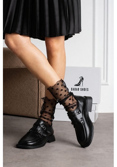 Dabab Shoes Elvan Kadın Siyah Cilt Küt Burun Çift Toka Detaylı Kalın Taban Loafer Ayakkabı Siyah - Siyah