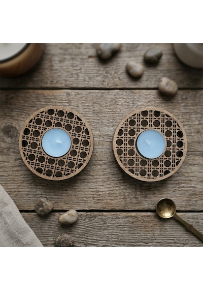 Dekoratif Ahşap Hazeran Örgü Desenli İkili Tealight Mumluk Üç Katman