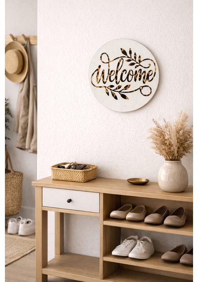 Welcome Yazılı Mdf Duvar Dekoru Leopar Desenli Kumaş Harfli Modern Karşılama Tablosu Beyaz