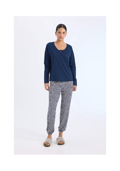 DeFacto Fall in Love Pijama Takımı Uzun Kollu Üst Desenli Uzun Alt E2357AX24WNNV31 Lacivert