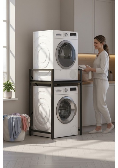 Çamaşır Makinası Ve Kurutma Makinası Rafı Çamaşır Makinası Üstü Banyo Düzenleyici Raf Siyah