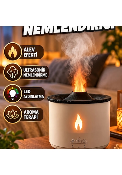 Ultrasonik Aroma Difüzörü Alev Ve Volkan Efektli Led Işıklı Hava Nemlendirici
