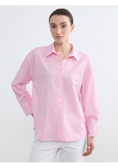 Lcw Modest Pembe Çizgili Poplin Kadın Gömlek