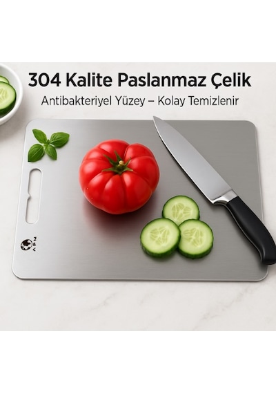 Paslanmaz Çelik Antibakteriyel Kesme Tahtası 304 Kalite - Orta Boy 20x30 Cm Gri