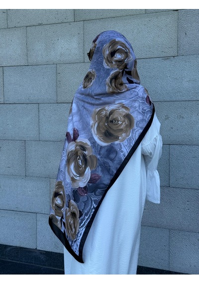 Qalortex Scarf Pamuklu Rose Desen Şal- Siyah/gri Siyah-Gri