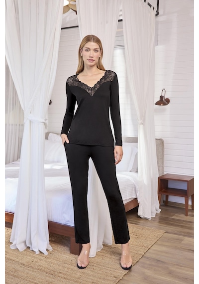 Monamise Kadın Uzun Kollu Dantelli Ve Dekolteli Pijama Takımı 18617 Siyah
