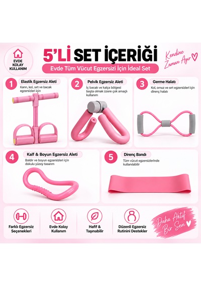 5'li Yoga Pilates Egzersiz Seti Direnç Bandı Elastik Evde Spor Aletleri Pembe