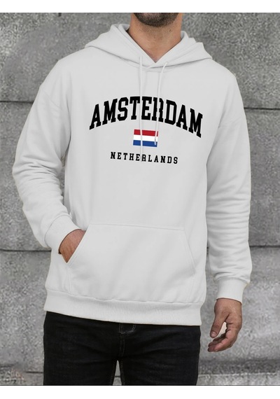 Startmore Tarzsokak Amsterdam Hollanda Bayrağı Baskı Erkek Kapüşonlular Moda Rahat Kapşonlu Polar Gevşek Hoody Yü Beyaz