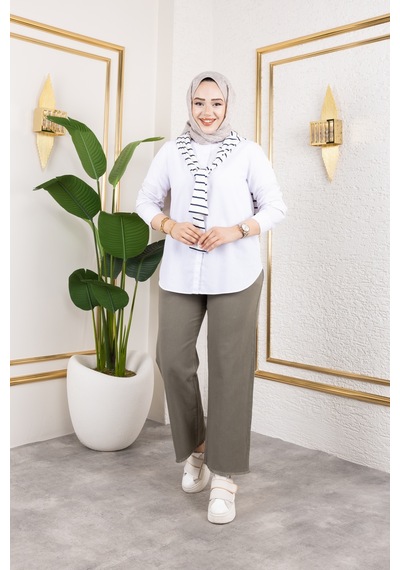 Nevayla Moda Beli Lastikli Keten Pantolon - Haki / A0104 Haki
