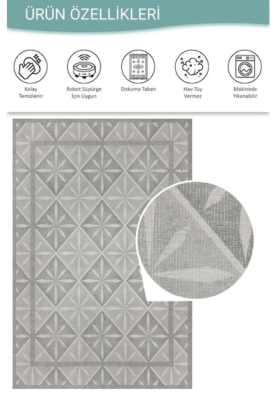 Nora Gri Geometrik Desenli Dokuma Tabanlı Modern Şönil Halı Al 502 Gri