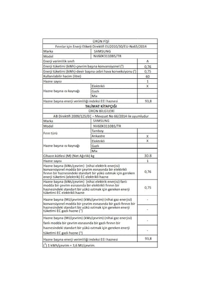 Samsung NV60K3110BS-TR 60 LT Elektroturbo Ankastre Fırın