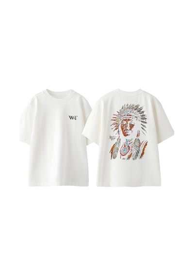 Thewert Kızılderili Tasarım Sırt Baskılı Pamuk Beyaz Oversize T-shirt
