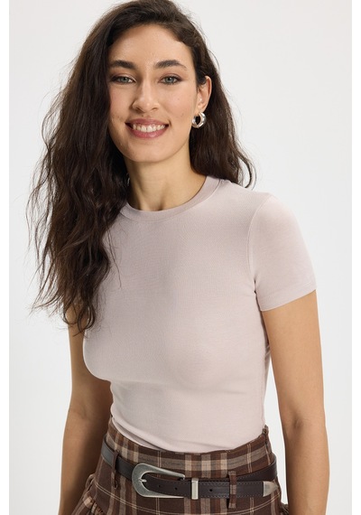 Tudors Kadın Slim Fit Dar Kesim Pamuklu Kısa Kollu Bisiklet Yaka Pembe Tişört-50712