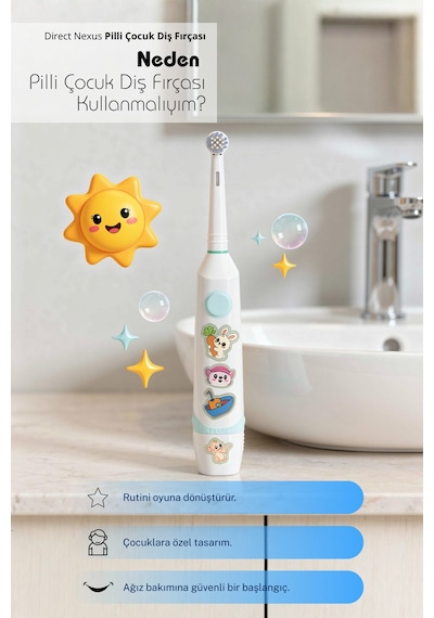 Çocuk Pilli Diş Fırçası Sticker Setli, Yumuşak Uçlu, Ipx7 Su Geçirmez