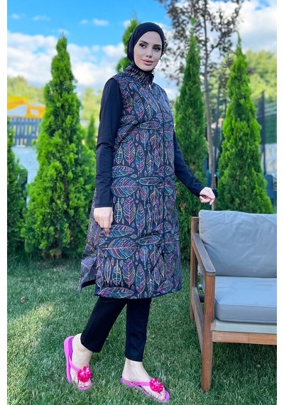Tam Kapalı Tesettür Mayo Rengi Rengarenk Yaprak Merve Siyah