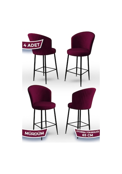 Canisa Alte Serisi 4 Adet Mürdüm Sandalye 65 Cm Ada Mutfak Bar Sandalyesi Babyface Kumaş Siyah Metal Ayak Sandalye Mürdüm Ayaklar Siyah