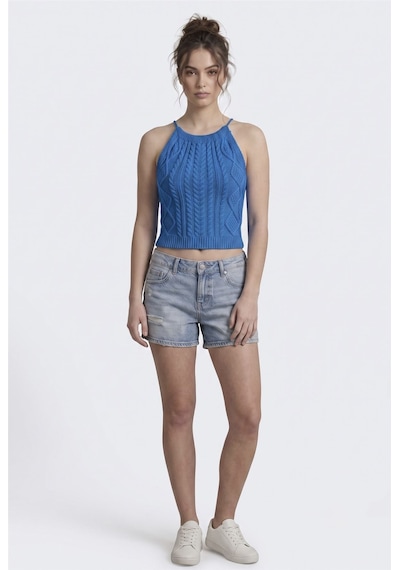 Neden Tekstil Kadın Triko Örme Halter Yaka Crop Bluz - Saks Mavisi
