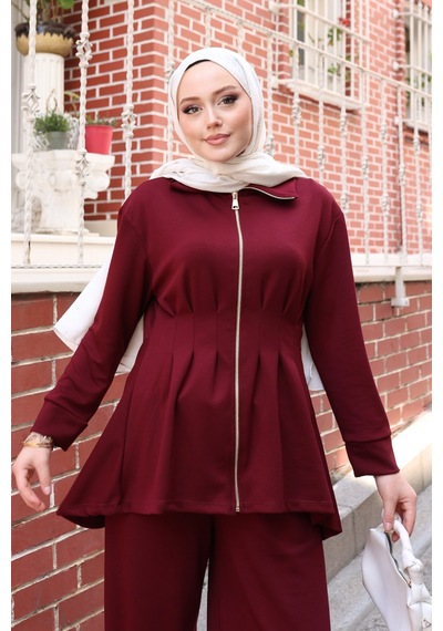 Balenbi Kadın Oversize Kesim Beli Pileli Ful Fermuarlı Modal Takım 1235 Bordo
