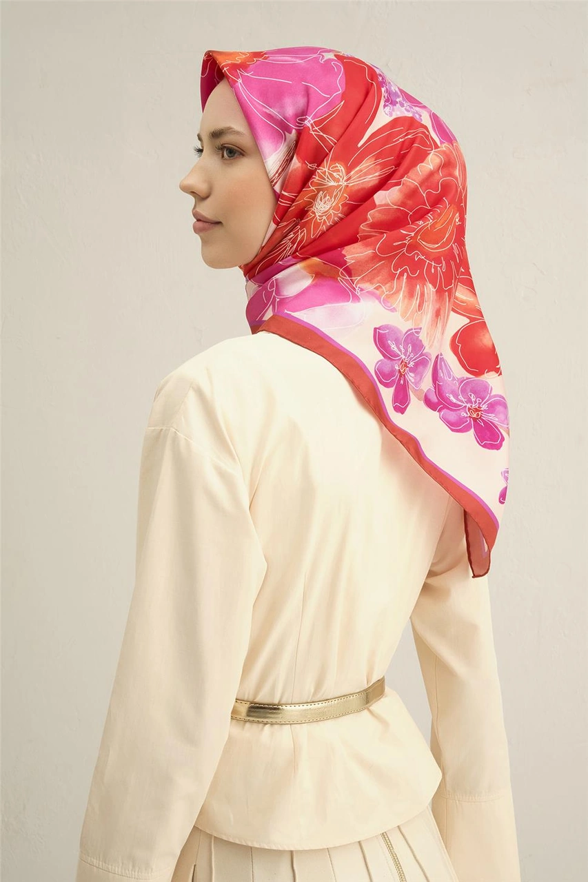 Armine Çiçek Desenli Saf İpek Twill Eşarp 9318d 50 Çok Renkli