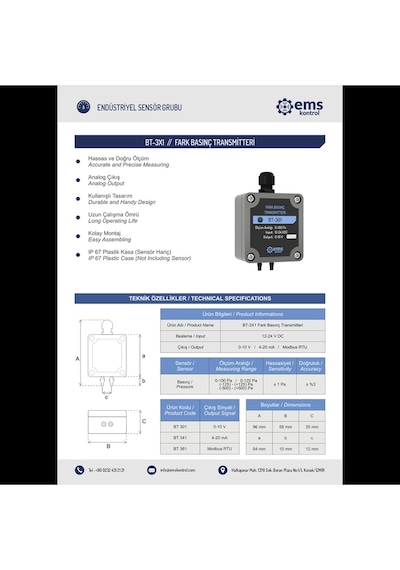 Ems Kontrol - Fark Basınç Transmitteri 0-10v / -125 - +125 Pa