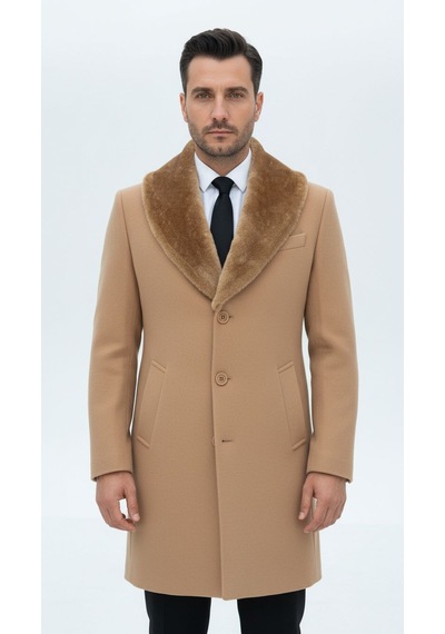 Plus Scorpion Erkek Uzun Kaşe Kaban Çıkartılabilir Kürk Yaka, Astarlı Ve Cepli Slim Fit Mont Bej, Gri, Siyah, Taba Bej