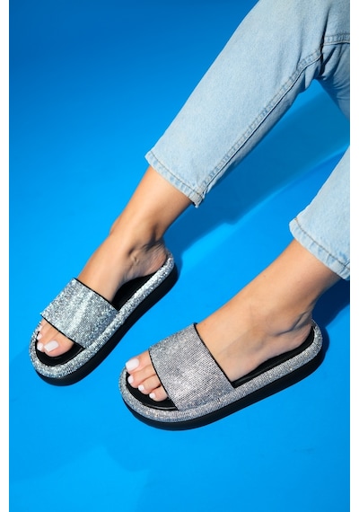 Luvishoes Oeste Siyah Taşlı Tek Bantlı Kalın Tabanlı Kadın Terlik Siyah