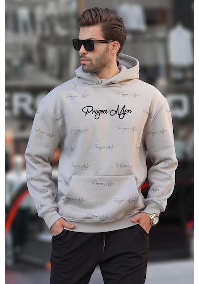 Madmext Boyalı Gri Baskılı Kapşonlu Cep Detaylı Erkek Sweatshirt 7075 Gri