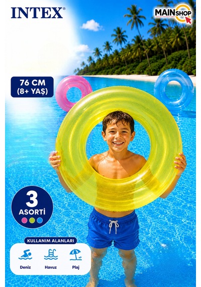 Mainshop Intex Şeffaf Renkli Çocuk - Yetişkin Deniz Simidi 76 Cm 8+ Yaş Havuz Simidi M- 59260