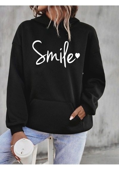 Smile Sweatshirt - Siyah Baskılı Oversize Kapüşonlu Siyah