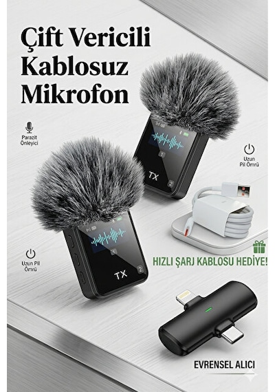 Yüksek Kalite Profesyonel 3 In 1 Kablosuz Taşınabilir Yaka Mikrofonu Youtube Tiktok 1091 Siyah