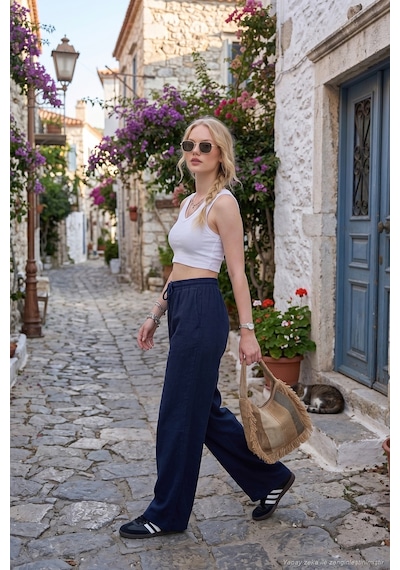 Lela Pamuklu Relaxed Fit Yüksek Bel Geniş Paça Pantolon Bayan Pantolon 668yp5559 Lacivert