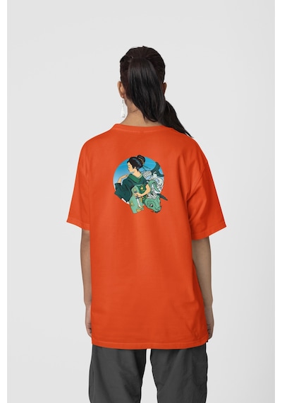 Geyşa Koi Ön-arka Baskılı %100 Pamuk Beyaz Kadın/erkek Unisex Rahat Kalıp Oversize T-shirt Turuncu