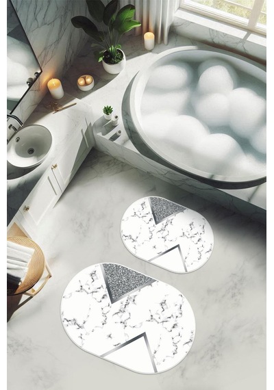Yıkanabilir Kaymaz Tabanlı Modern Desenli 2'li Banyo Paspas Takımı Obps0015 Renkli