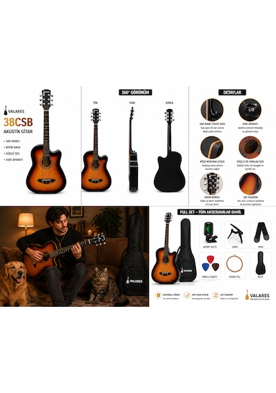 Valares 38c Kesik Kasa Sap Ayarlı Akustik Gitar 38 4/4 Full Aksesuar Hediyeli Sunburst Suhr Burst