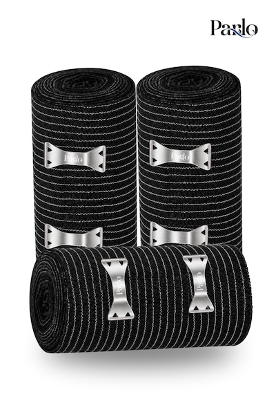 Parlo Siyah Elastik Bandaj 10 Cm X 1,5 M 3 Lü Set %300 Esnek, 4,5 M Ye Kadar Uzayan, Metal Kancalı Destek Ve Sargı Bandajı