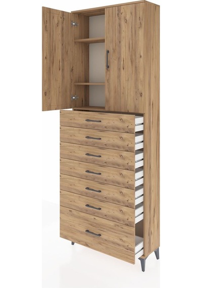 Arges Dolap 3 Raflı 7 Çekmeceli 2 Kapaklı 88x30x243 Çam-çam Atlas Çam