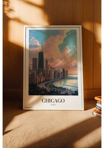Chicago Usa Vintage Seyahat Posteri Çerçeveli Tablo - Premium City Skyline Elit Duvar Dekoru Beyaz