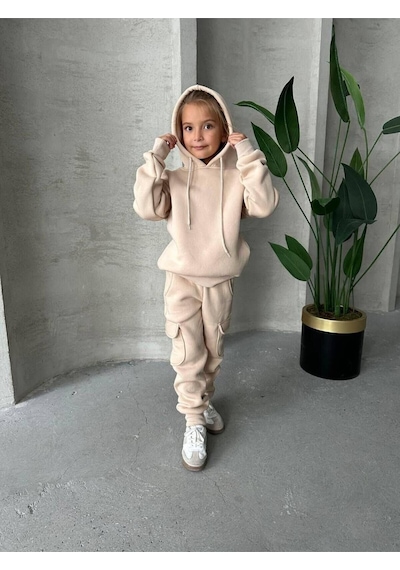 My Kids Wear Üç İplik Kapüşonlu Şardonlu Takım Kahverengi - Beyaz